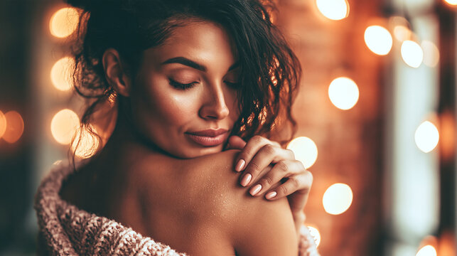Portrait of young woman with curly hair against bokeh lights glowing lights pretty face