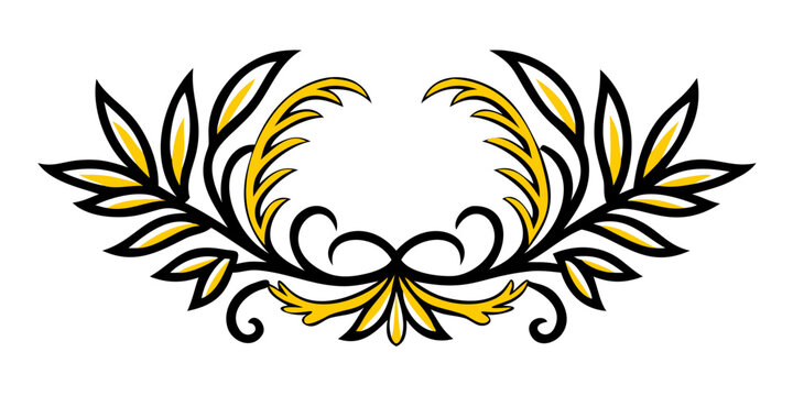Symmetrical Vintage Floral Ornament With Laurel Branches and Scrolls