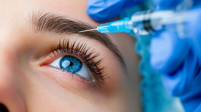 Cosmetic doctor performing dermal filler injection near eyebrow with medical procedure