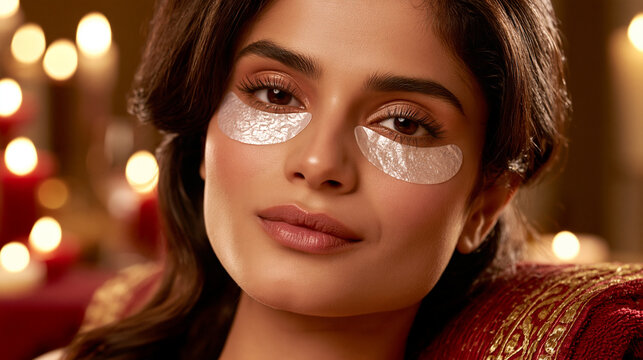 Young woman wearing hydrating under eye patches during evening skin care routine