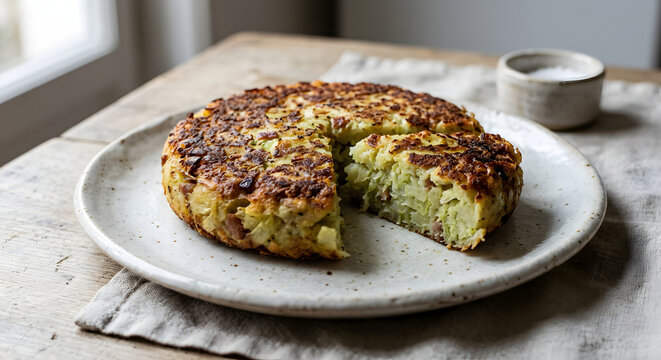 Catalan trinxat shaped as a compact round pan-fried cake of potato and cabbage