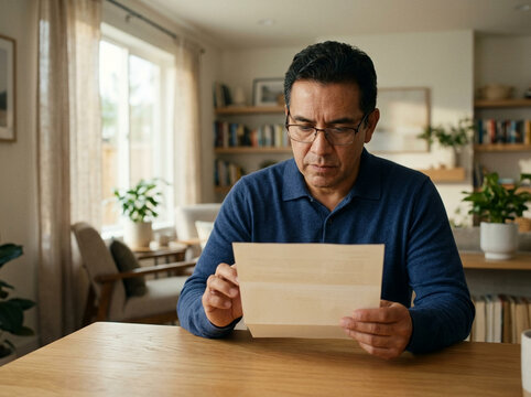 Serious Middle Aged Man Reading Important Document Or Letter Sitting At Wooden Table In Bright Cozy Living Room At Home