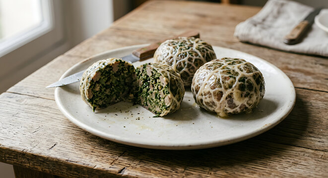 French caillettes, compact round pork and herb parcels wrapped in a fine natural caul