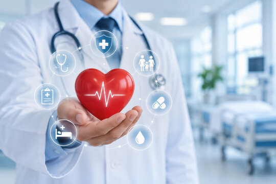 Male doctor holding red heart with heartbeat and healthcare icons health insurance medical concept hospital clinic cardiovascular care protection prevention family medicine patient wellness