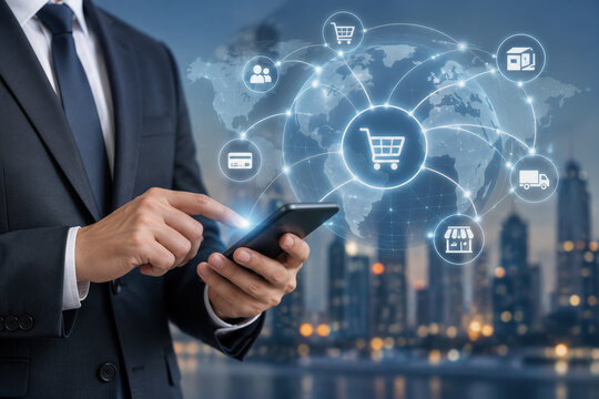 Businessman using smartphone with global ecommerce network interface showing online marketplace expansion digital retail technology worldwide business distribution concept and logistics connectivity