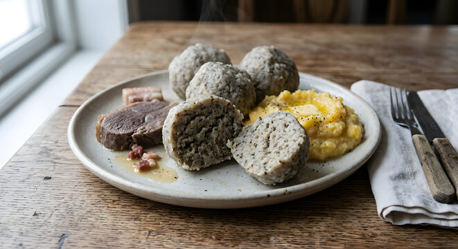 Norwegian raspeballer, large rustic grey potato dumplings with a visibly coarse grate