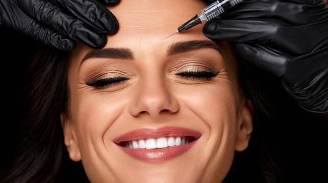 Cosmetic professional in black gloves performing facial injection procedure with wellness