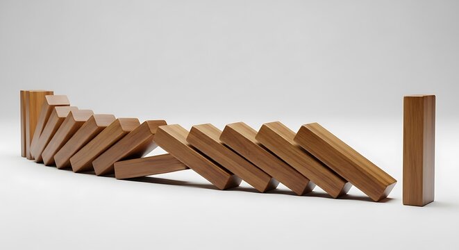 A line of wooden dominoes falling in a chain reaction on a white background, illustrating cause and effect.