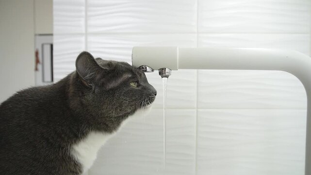 A cat drinks water from a trickle at the kitchen faucet while sitting in the sink. Profile, tongue, white tiles, light background, close-up, everyday scene.