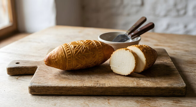 Slovak ostiepok, a small spindle-shaped smoked sheep cheese with a clean carved geome
