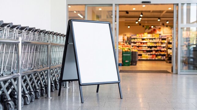 A blank A-frame sign stands in a grocery store entrance with shopping carts stacked on the left and store shelves visible through glass doors in the background.
