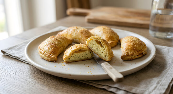 Italian fiadoni, small crescent-shaped golden pastries filled with a firm savory chee