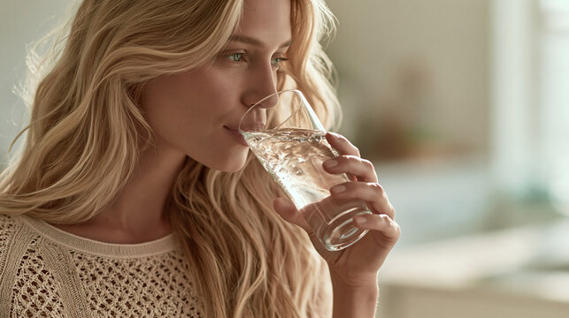 Young blonde woman drinking clear fresh water from a glass in a bright room with wellness
