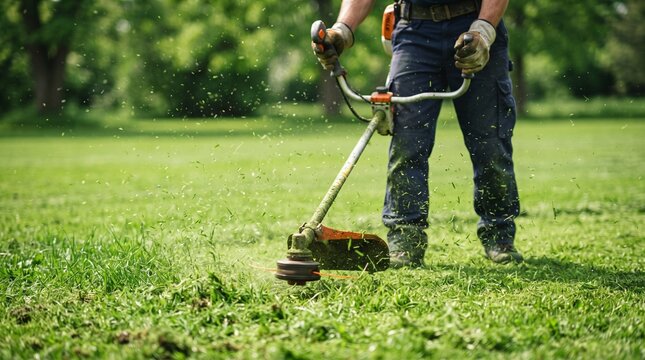 Man trimming overgrown green grass with a brushcutter on a sunny day in the garden