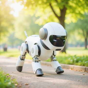 Four-legged robot dog walking in sunny park