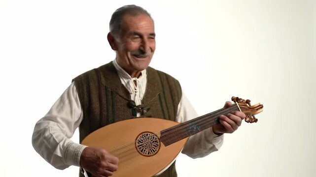 Elderly man playing a traditional stringed instrument with a smile.
