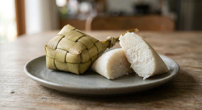 Southeast Asian ketupat with one intact diamond-shaped woven palm-leaf pouch