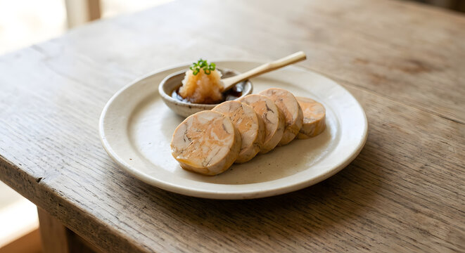 Japanese ankimo, steamed monkfish liver shaped into a compact cylinder
