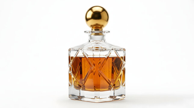 Elegant Crystal Glass Decanter with Golden Sphere Cap Filled with Amber Whiskey Isolated on White