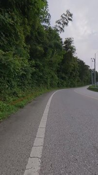 Vertical cyclist POV riding along a winding mountain road through lush forest, with a passing car, guardrail and mountain scenery under an overcast sky.