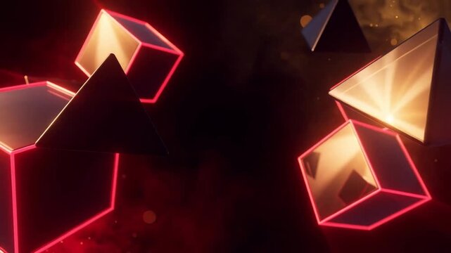 Neon geometric shapes pulsing on black background in seamless loop with glowing outlines for tech gaming and esports videos