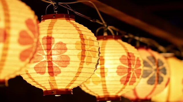 Traditional Japanese Lanterns Illuminate a Festive Evening Celebration.