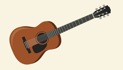 Fototapeta premium Wooden acoustic guitar angled diagonally showcasing its body soundhole and tuning pegs on cream background.