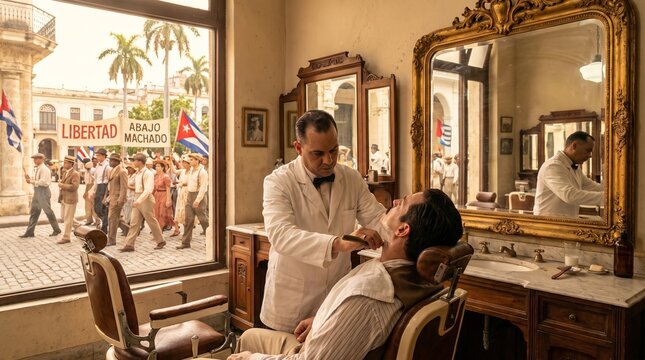 Hispanic barber in a vintage white uniform shaving a customer while a 1930s Cuban historical protest against Machado marches outside the barbershop window with flags and banners