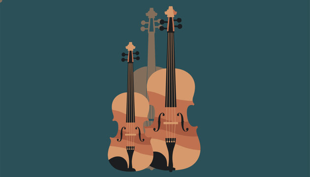 Classical string instruments including two wooden violins displayed together against a solid teal background.