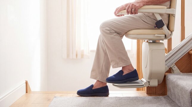 Senior man sitting on a stair lift in his home, wearing beige pants and navy slippers, holding the armrest for support. Bright natural light streams through windows in the accessible entryway.