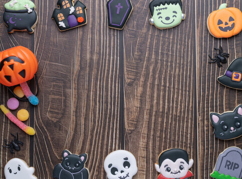 Halloween gingerbreads, pumpkin, cat, ghost, tombstone over wooden background with copy space