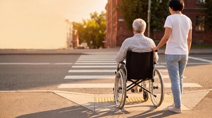 Obraz premium A caregiver assists a senior man in a wheelchair crossing a city street at a marked crosswalk during golden hour. The scene captures a moment of care and accessibility in an urban setting with...