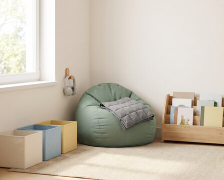 Classroom calm corner with green beanbag gray lap pad noise-reducing headphones on a hook and soft bins in a reading nook
