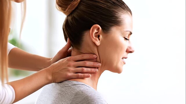 Healthcare professional examining a woman&rsquo;s neck with both hands, gently assessing the cervical area while the patient tilts her head sideways, medical examination, neck pain and cervical spine health