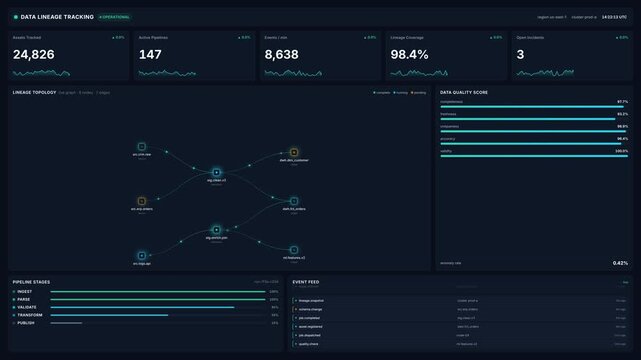 Dashboard with real time analytics data lineage tracking in 4k, for digital transformation, information management, business intelligence, database monitoring, corporate