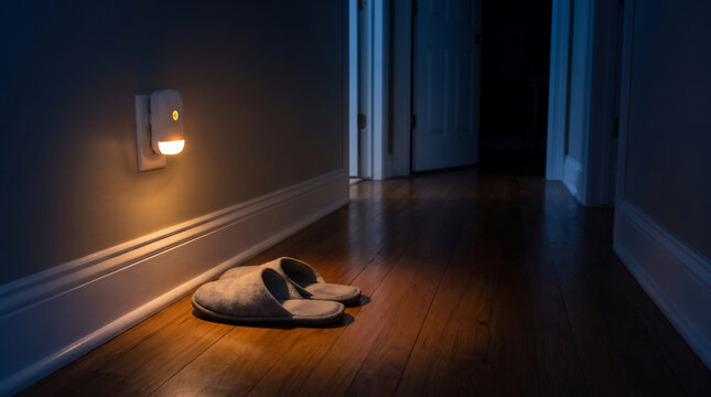 Plug-in motion-sensor night light glowing amber on a dark hallway wall above the floor with slippers on wood floorboards