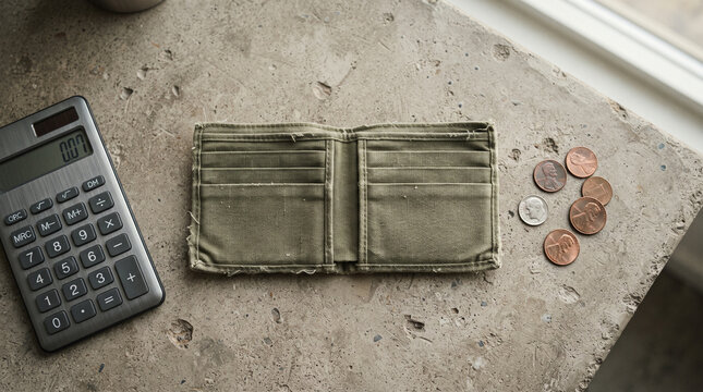 Calculator and empty canvas wallet with a few coins on a concrete surface representing budget deficit