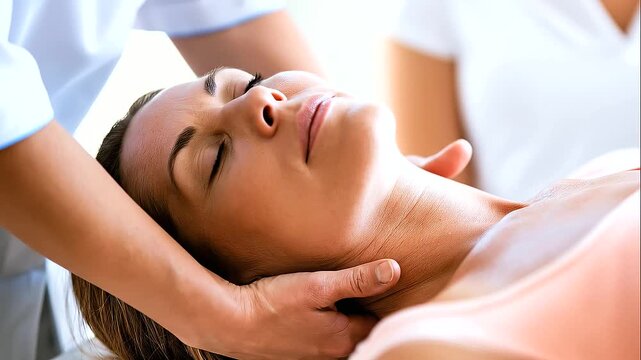 Healthcare professional examining a woman&rsquo;s neck with both hands, gently assessing the cervical area while the patient tilts her head sideways, medical examination, neck pain and cervical spine health