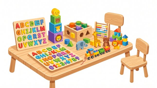 Colorful Wooden Educational Toys for Children on a Table