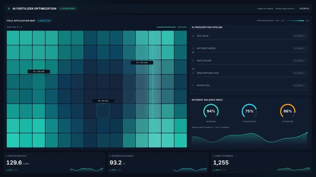 Digital agricultural management dashboard for 4k field mapping fertilizer optimization graphs, for precision farming, smart technology, crop yield analysis