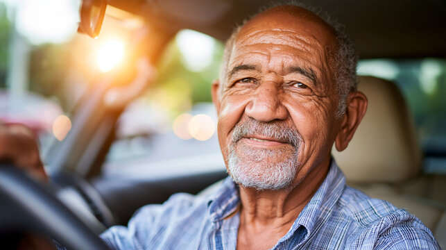 Elderly african american man smiling while sitting in the driver seat of a car