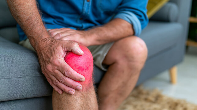 Man suffering from chronic knee pain sitting on the sofa with joint pain