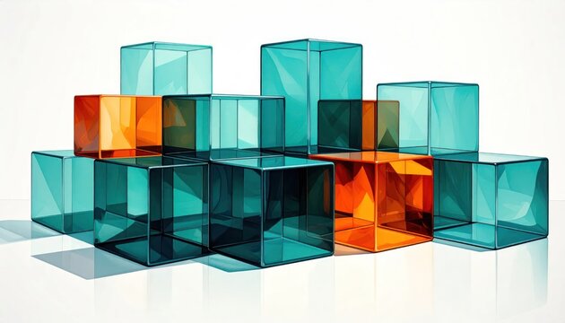 Teal and orange transparent glass cubes stacked on white surface