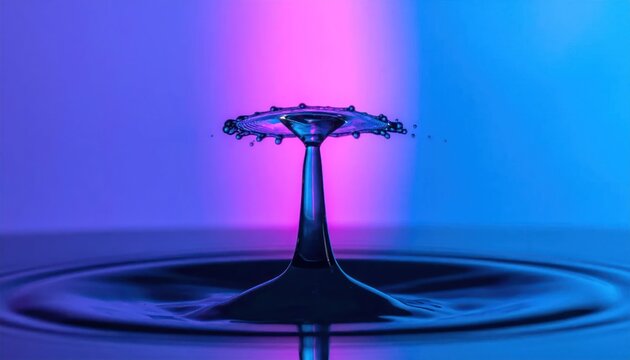 Macro shot of water drop collision in neon blue light