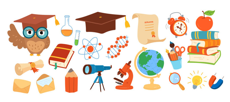 Education and science objects with owl, books and school supplies. Vector illustration for learning and academic designs.