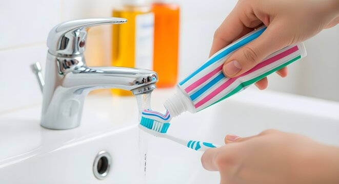 Morning Dental Routine with hands squeezing striped toothpaste onto a toothbrush over a white sink with running water, ideal for dental health blogs and oral hygiene advertisements.