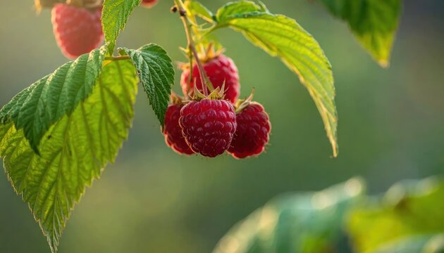 Ripe red raspberries hanging on a branch in sunlight