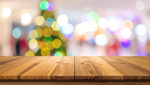 Empty wooden table with blurred Christmas bokeh lights background