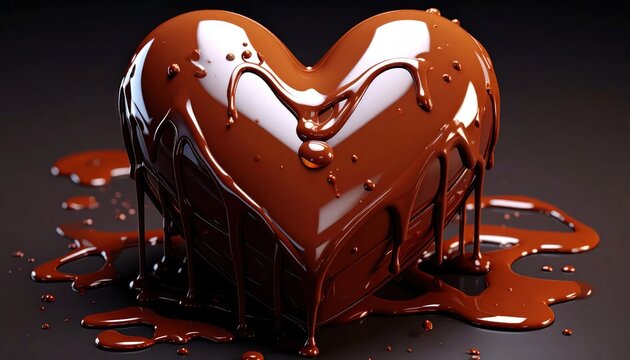 Melting chocolate heart dripping with liquid cocoa on dark background