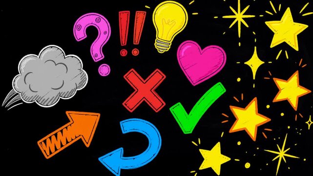 Colorful crayon doodle icons wiggle and bounce on a white background in a playful loop for kids videos and classroom lessons
